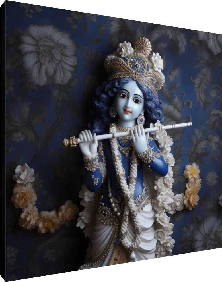 A serene blue-skinned idol of Lord Krishna holding a white flute, adorned with white flowers and a golden crown against a dark blue floral background. | PrintPosters.in